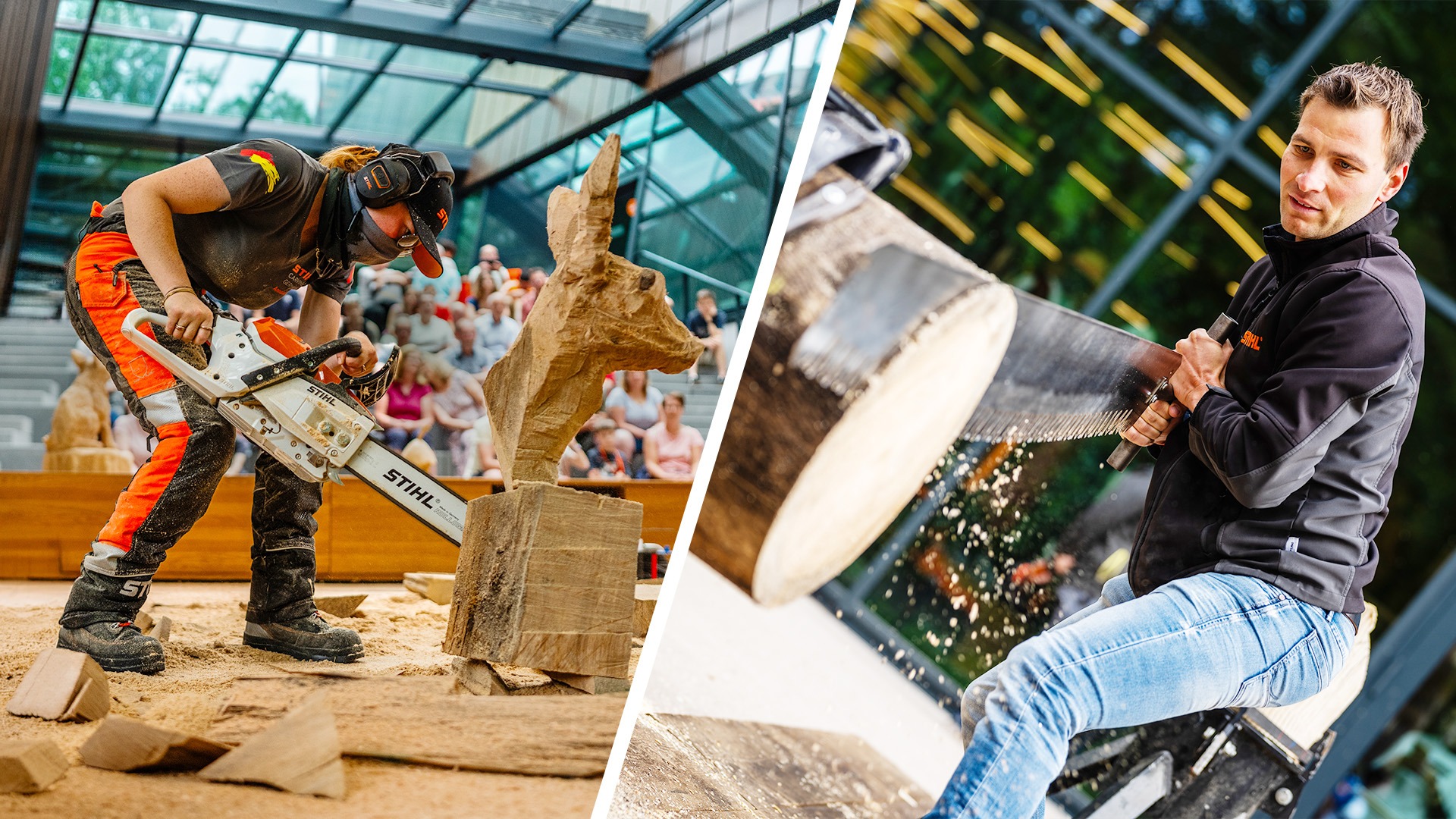 Links eine Frau in PSA und einer STIHL Motorsäge, die vor einem Publikum einen Hirsch in ein Stück Holz fräst und rechts ein Mann mit einer Säge, der einen Holzstamm durchsägt